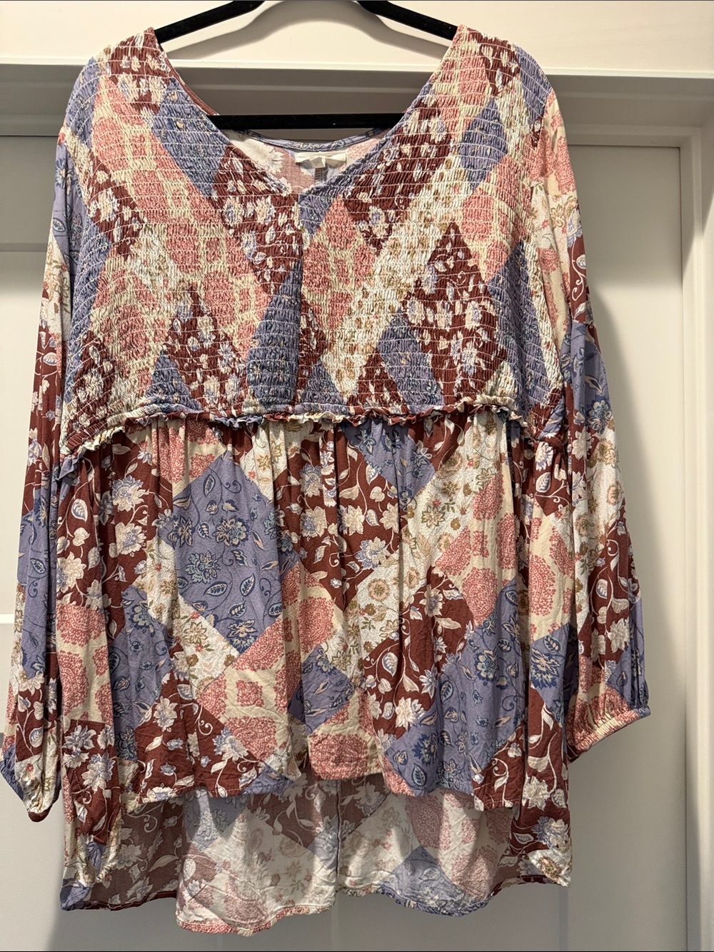 Maurices Patchwork Smocked Boho Tunic - Blue, Brown, Pink, Cream